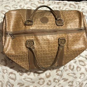 Vintage Fendi Zucchino Monogram Logo Coated Canvas Duffle Bag Brass Hardware